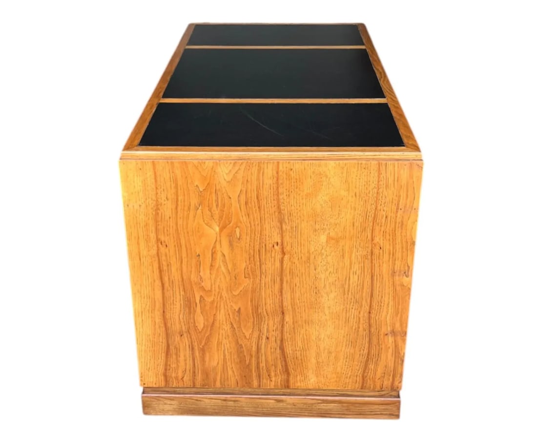 Restored Mid-Century Campaign Desk in Solid Oak With Black Inlay & Brass Pulls - 11