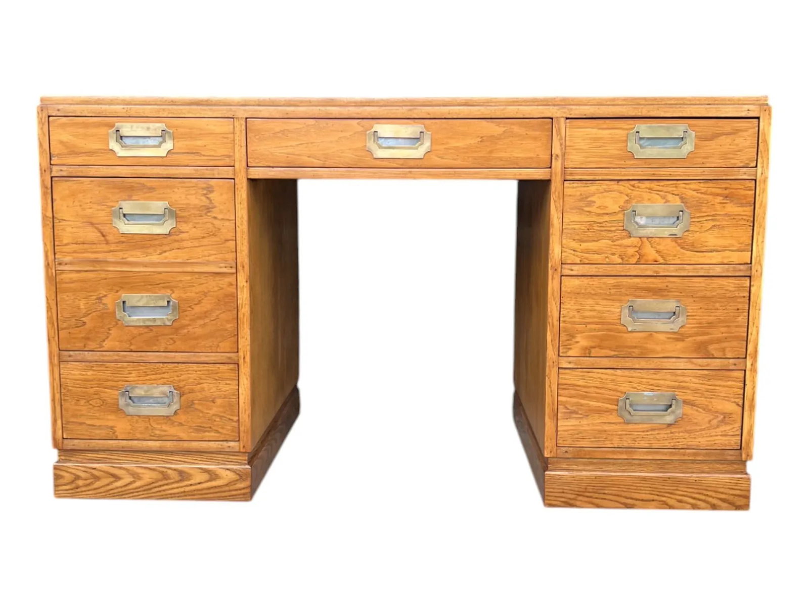 Restored Mid-Century Campaign Desk in Solid Oak With Black Inlay & Brass Pulls - 2