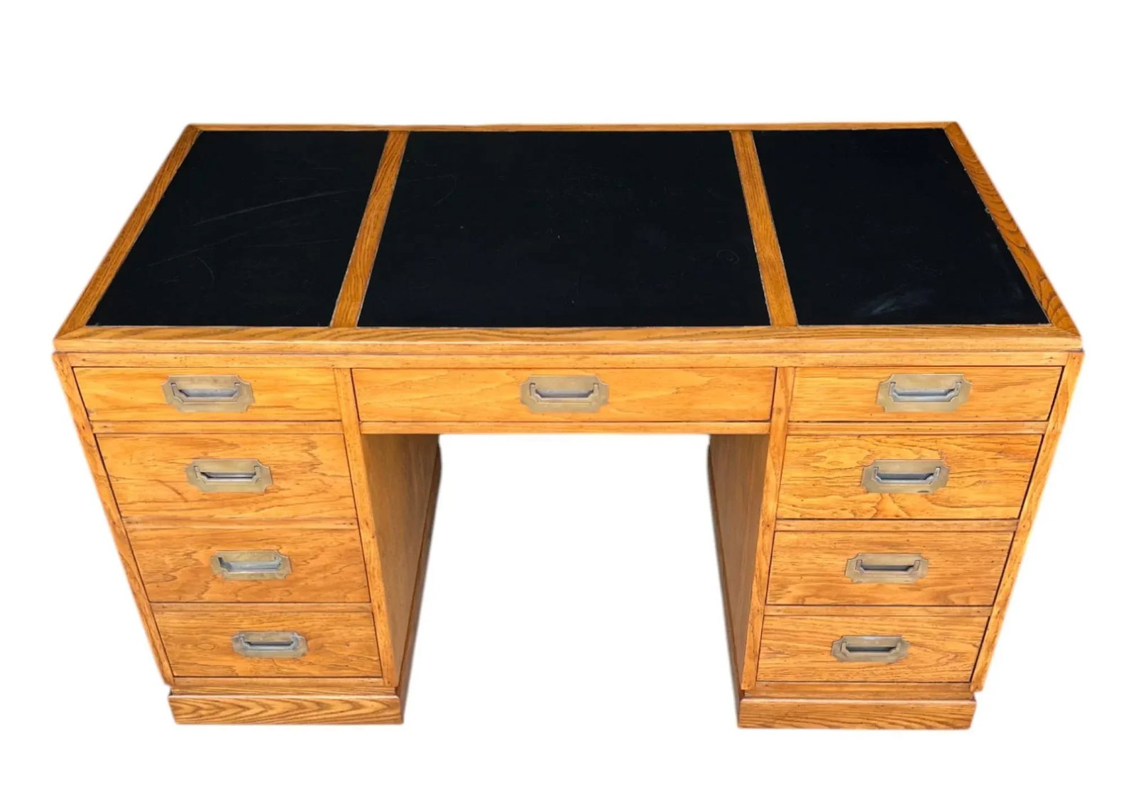 Restored Mid-Century Campaign Desk in Solid Oak With Black Inlay & Brass Pulls - 3