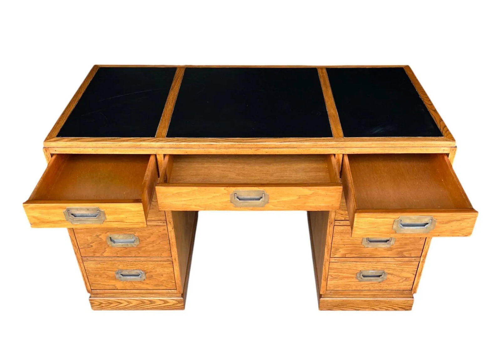 Restored Mid-Century Campaign Desk in Solid Oak With Black Inlay & Brass Pulls - 4