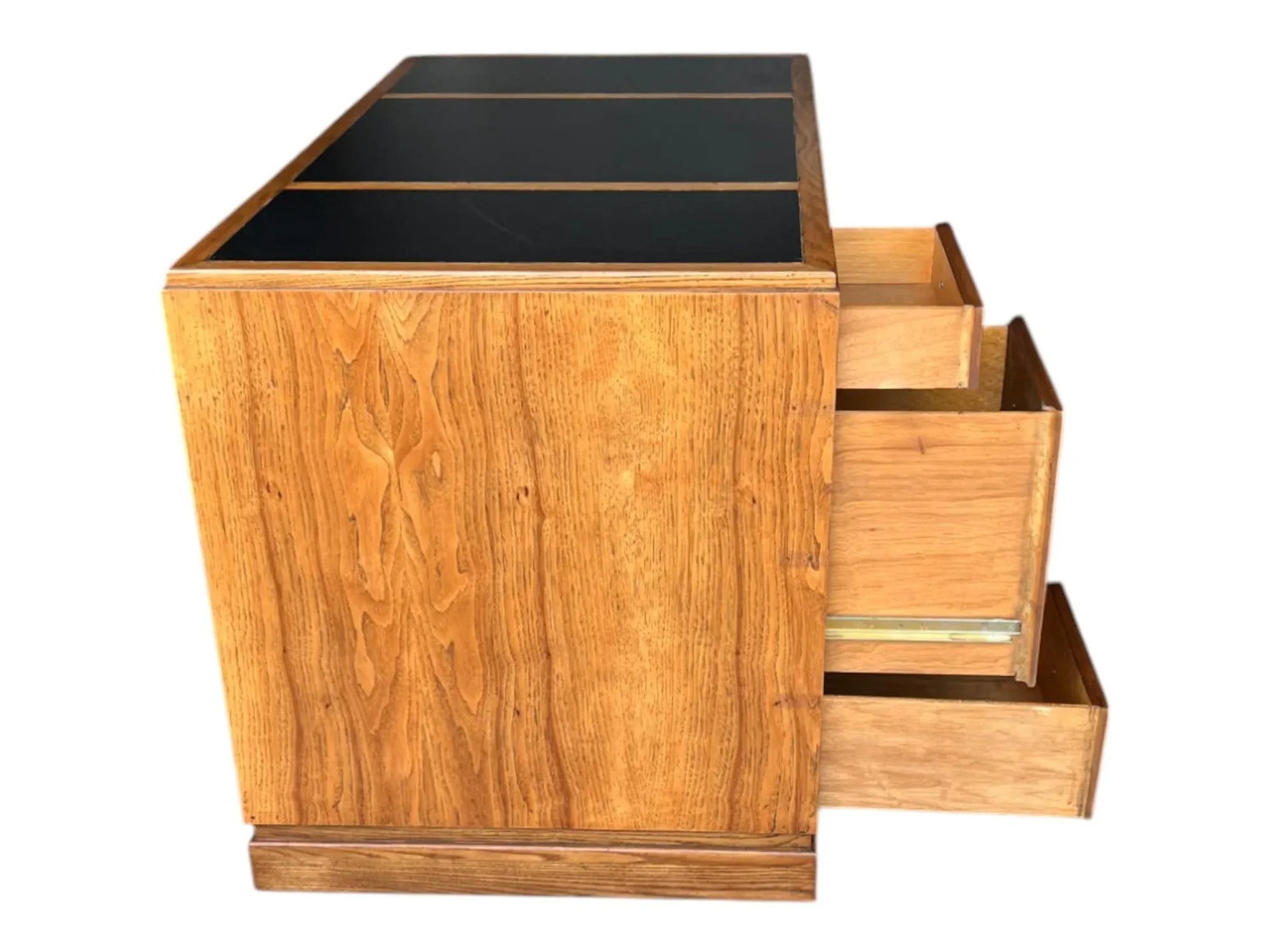 Restored Mid-Century Campaign Desk in Solid Oak With Black Inlay & Brass Pulls - 5