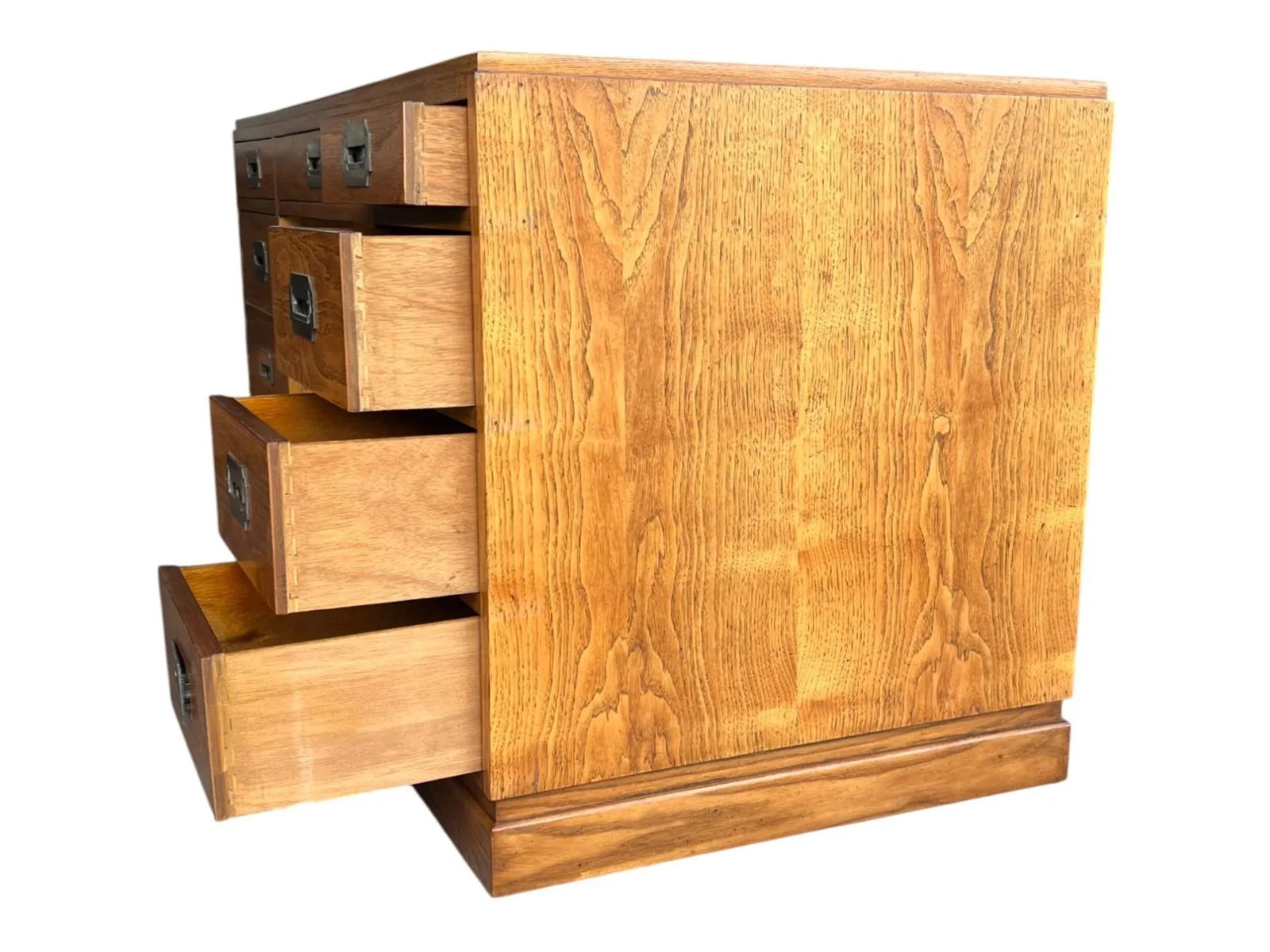 Restored Mid-Century Campaign Desk in Solid Oak With Black Inlay & Brass Pulls - 6