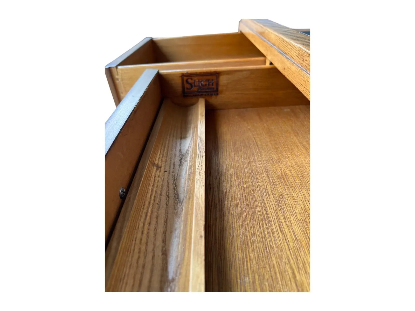 Restored Mid-Century Campaign Desk in Solid Oak With Black Inlay & Brass Pulls - 7