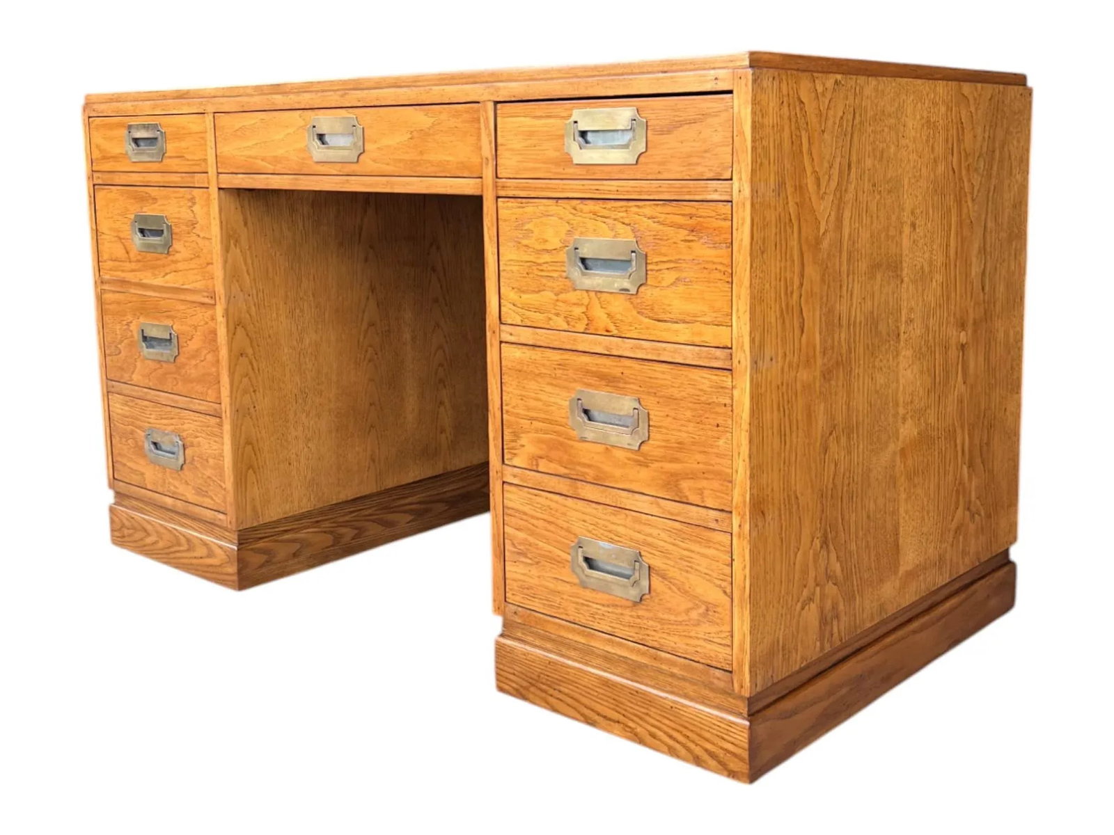 Restored Mid-Century Campaign Desk in Solid Oak With Black Inlay & Brass Pulls - 8