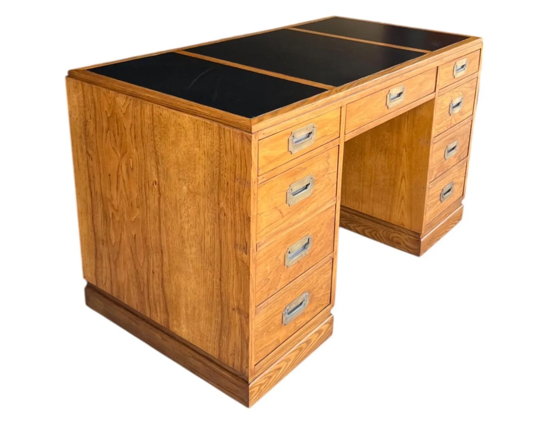 Restored Mid-Century Campaign Desk in Solid Oak With Black Inlay & Brass Pulls - 9
