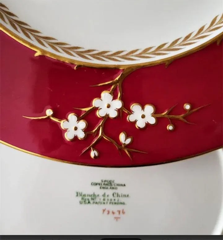 4 Copeland Blanc De Chine Spode Dinner Plates - Wide Deep Pink White Raised Flowers - 4