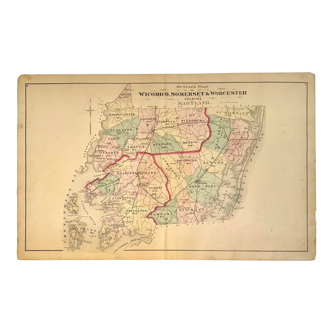 Maryland: Wicomico, Somerset & Worcester Counties Original Map, 1877: Original engraving map of Wicomico, Somerset & Worcester Counties, Maryland from the "Atlas of Talbot & Dorchester Counties" by Lake, Griffing & Stevenson, Philadelphia, 1877. Unframed. Dimensions: