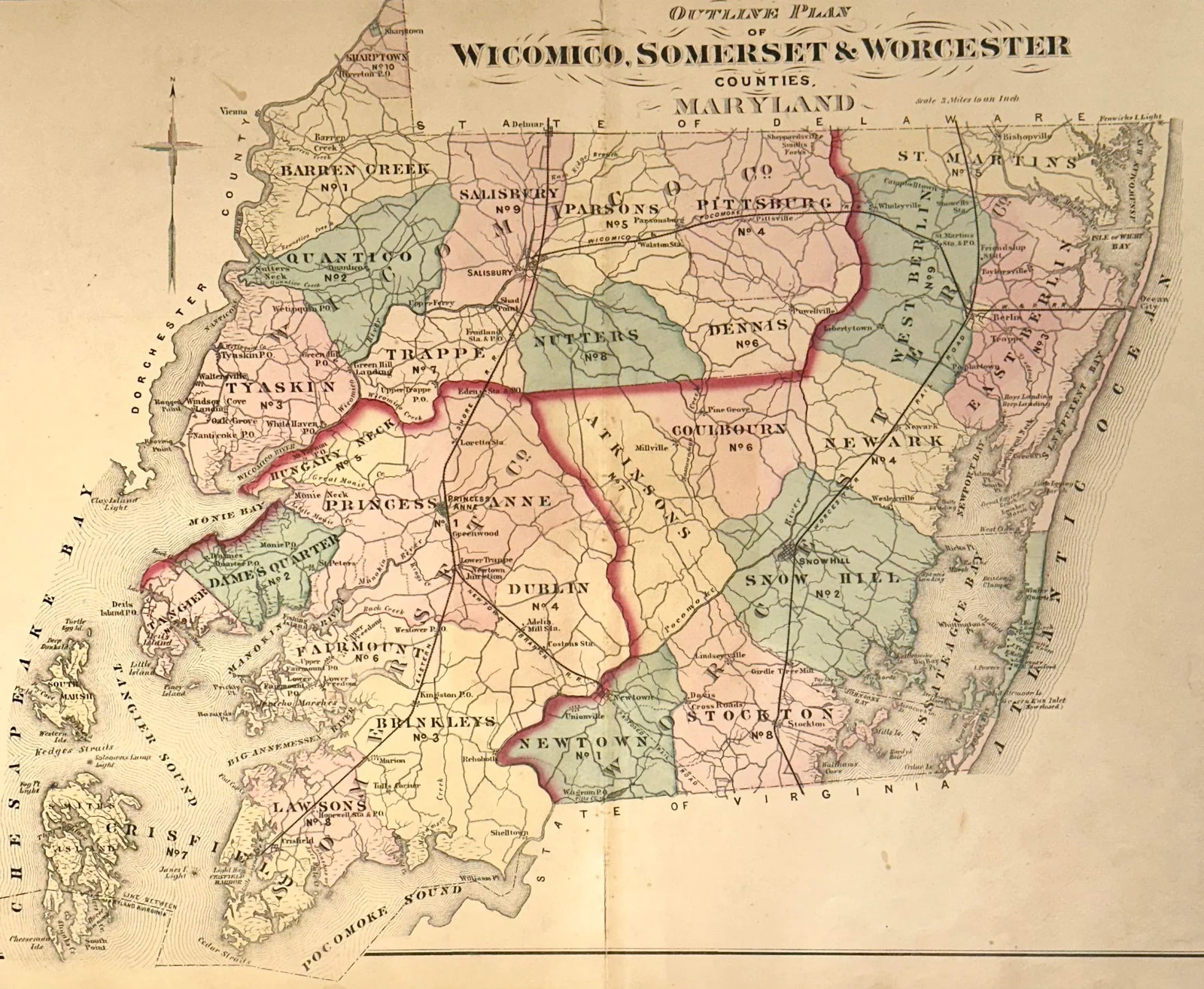 Maryland: Wicomico, Somerset & Worcester Counties Original Map, 1877 - 3