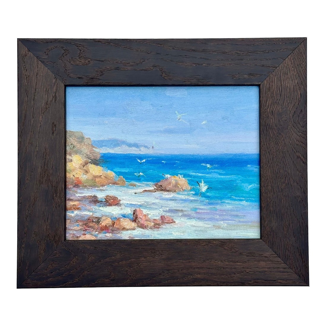 Modern Coastal Ocean Seascape Original Oil Painting, Dark Wood Frame: Original oil on canvas, unsigned. Custom framed in dark wood frame. Dimensions: 15.5" x 13.75" Please note: If you purchase multiple items, we'll gladly combine shipping"”just send us a