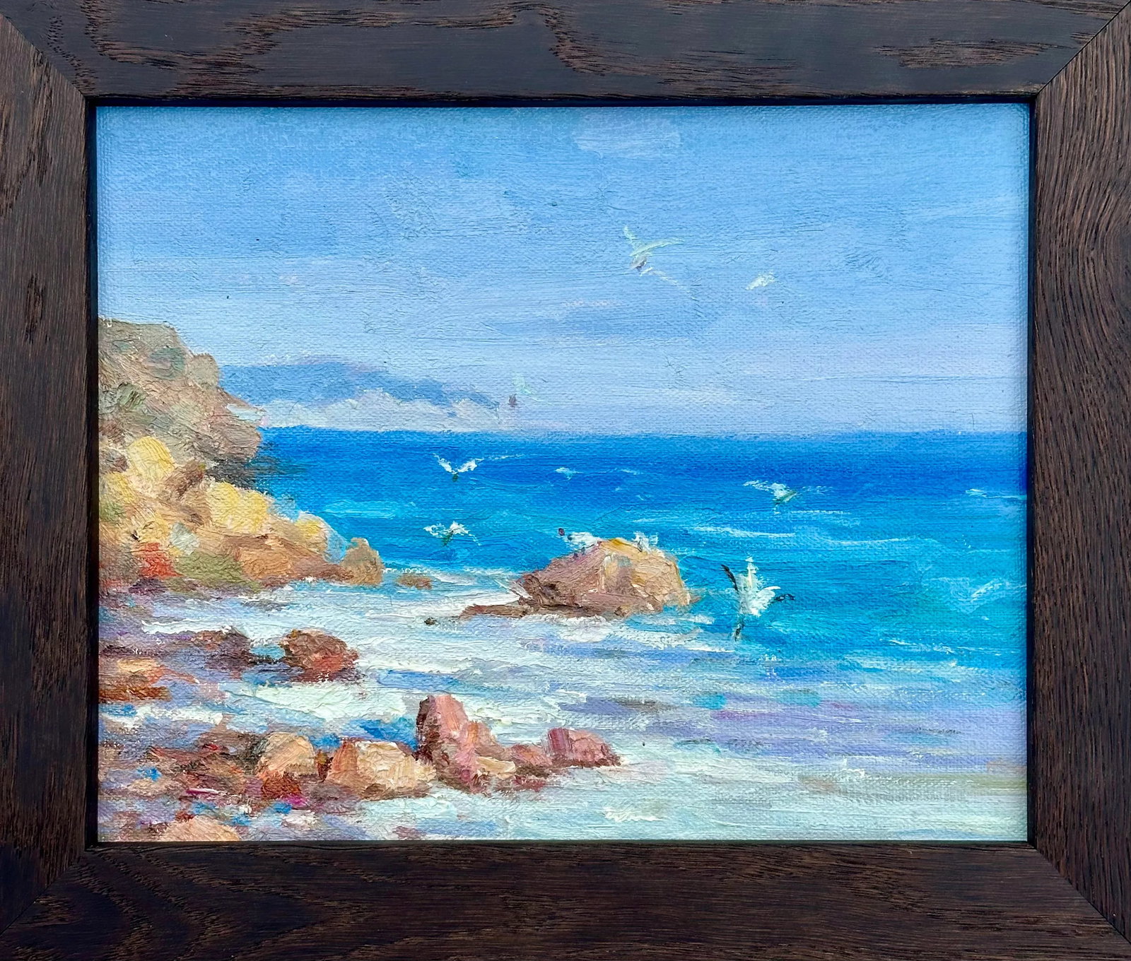 Modern Coastal Ocean Seascape Original Oil Painting, Dark Wood Frame - 2