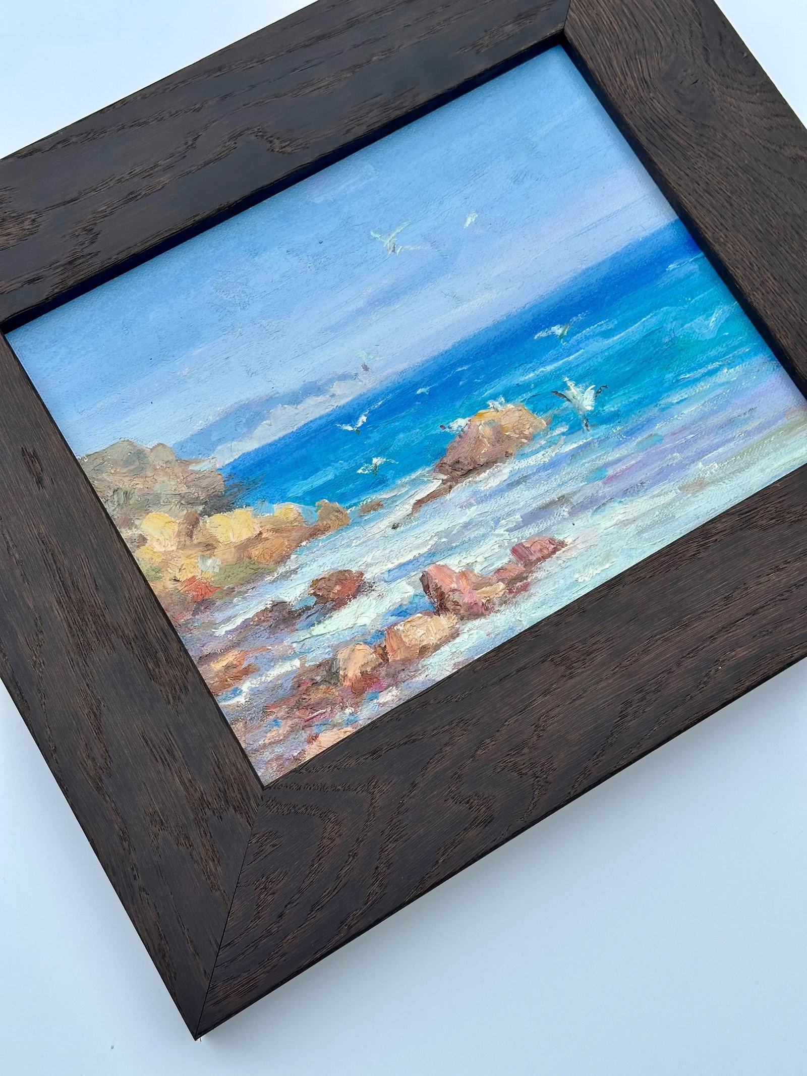Modern Coastal Ocean Seascape Original Oil Painting, Dark Wood Frame - 3