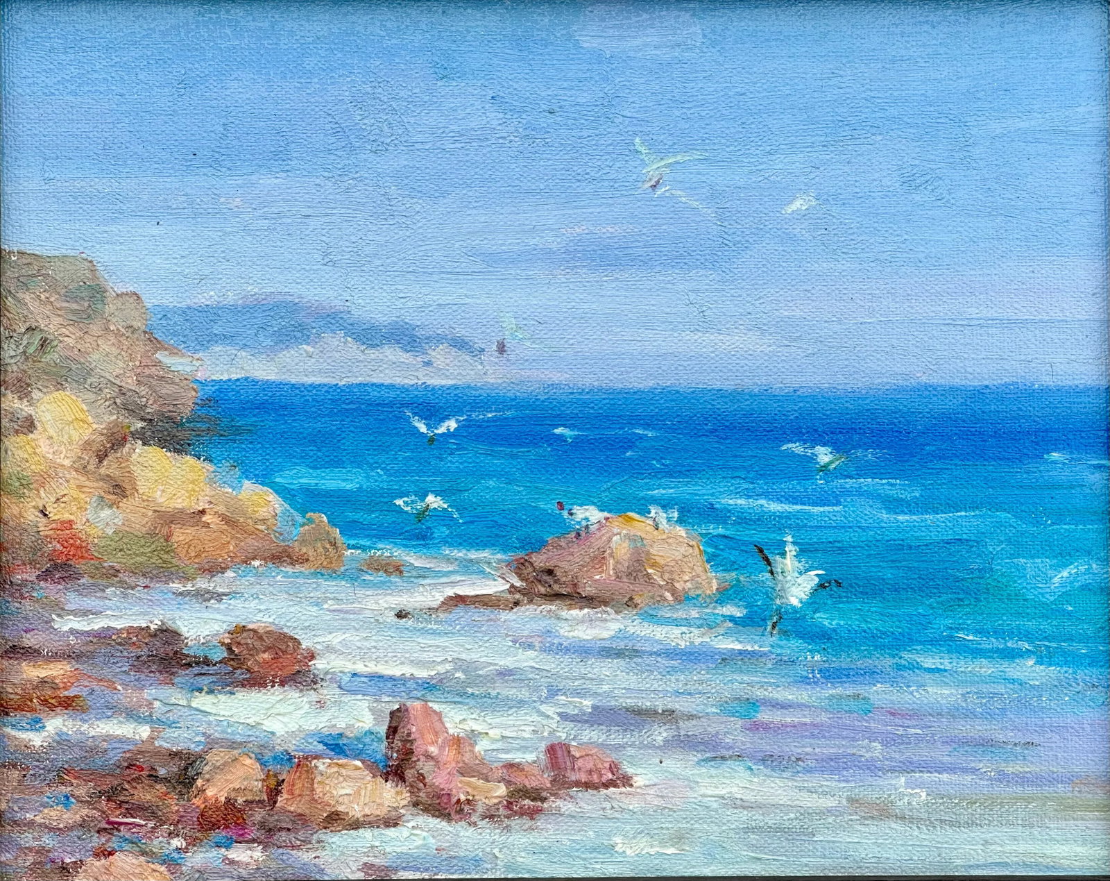Modern Coastal Ocean Seascape Original Oil Painting, Dark Wood Frame - 4