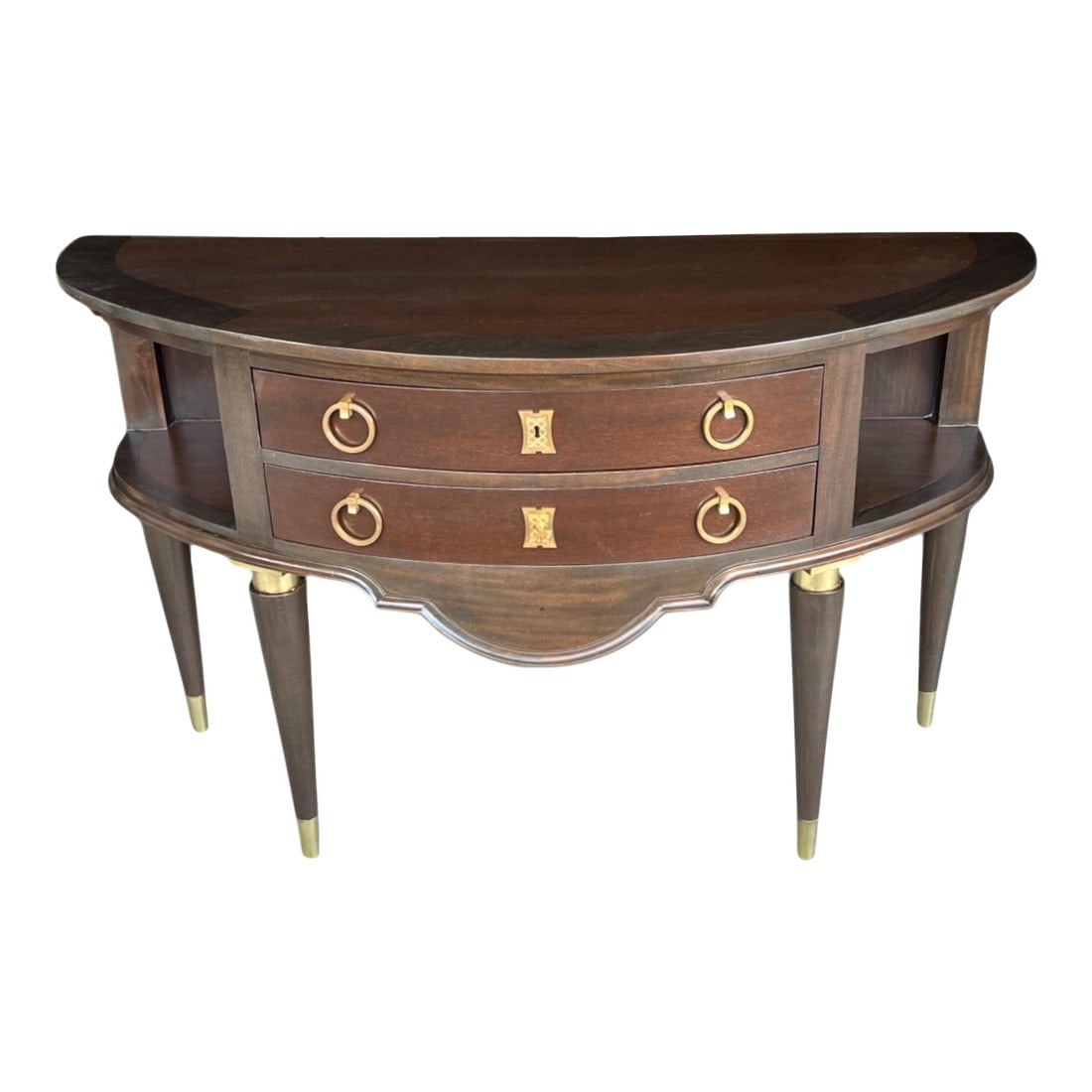 French Antique Demi-Lune Server in Walnut With Brass Ormolu Accents: Add timeless French elegance to your home with this beautifully restored French antique demi-lune server, featuring a graceful half-moon silhouette, rich walnut color, and refined brass ormolu