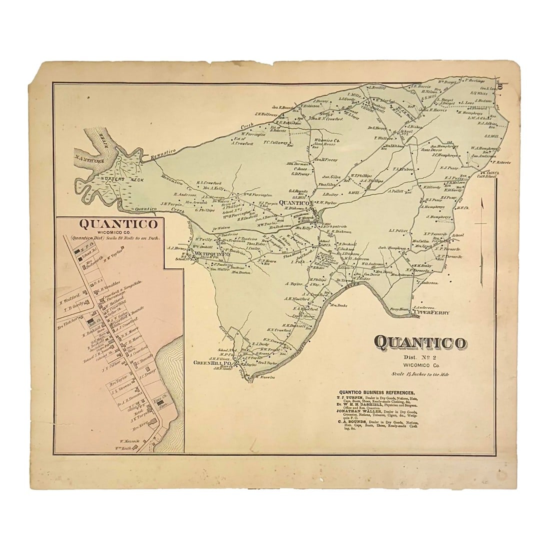 Quantico, Upper Ferry & Greenhill Maryland (Wicomico County) Map, 1877: Original engraving map of Quantico, Maryland area of Wicomico County, Maryland from the "Atlas of Talbot & Dorchester Counties" by Lake, Griffing & Stevenson, Philadelphia, 1877. Quantico businesses