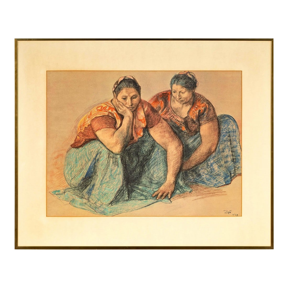Vintage "Two Woman Kneeling" After Francisco Zuniga, Framed: Two Woman Kneeling After Francisco Zuniga (Mexican, 1912-1998). Offset lithograph, signed and dated 1973 in print lower right. Matted and framed under acrylic. Dimensions: Sight: 18 1/8 x 24 3/8 in.