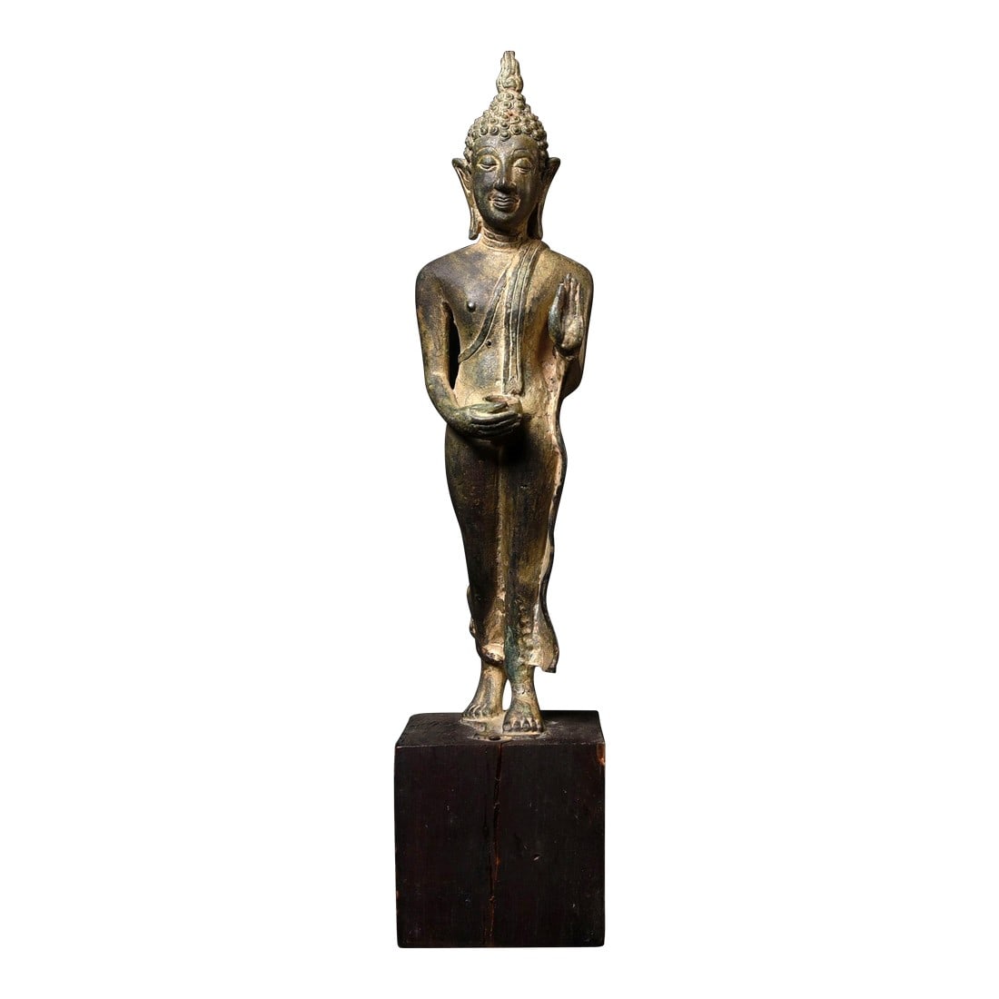 Late 19th Century Antique Bronze Northern Thai Bronze Walking Buddha on Wooden Stand: Antique Bronze Northern Thai Bronze Walking Buddha on Wooden Stand. Probably late 19th/Beginning of the 20th (King Rama V Period). It has quite a different feel and look than the much more common