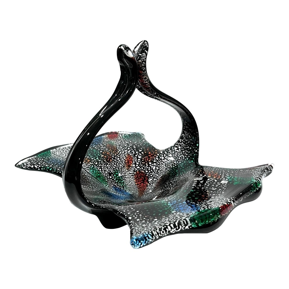 Mid-Century Modern Murano Attributed Black "Tutti Frutti" Glass Basket With Handle: Since the 13th century Italian artisans have practiced unique glassblowing techniques on the island of Murano near Venice. This mid 20th century handled basket is a perfect example of "Tutti Frutti". 