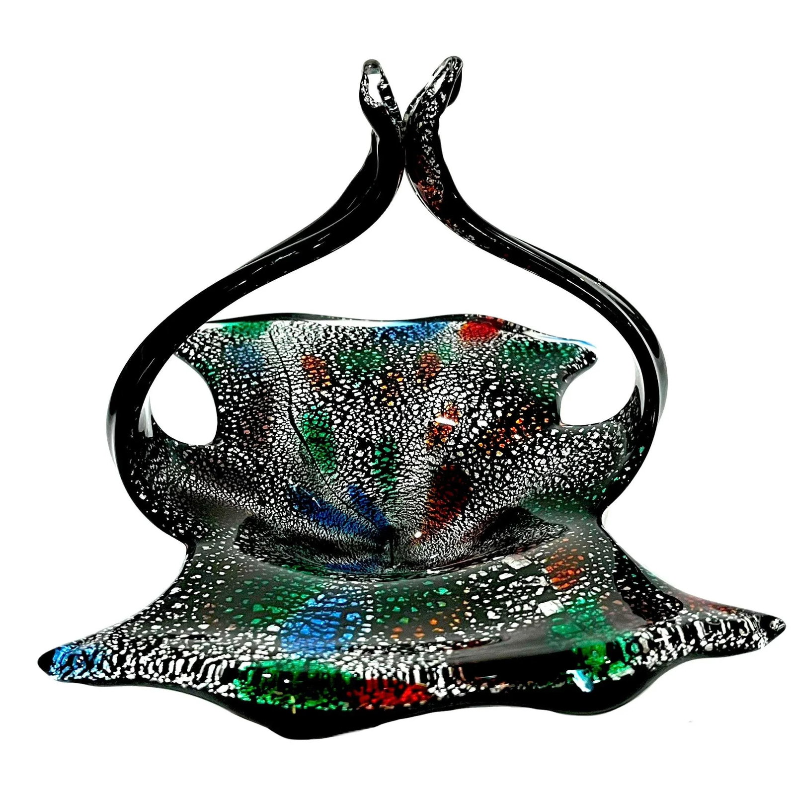 Mid-Century Modern Murano Attributed Black "Tutti Frutti" Glass Basket With Handle - 3