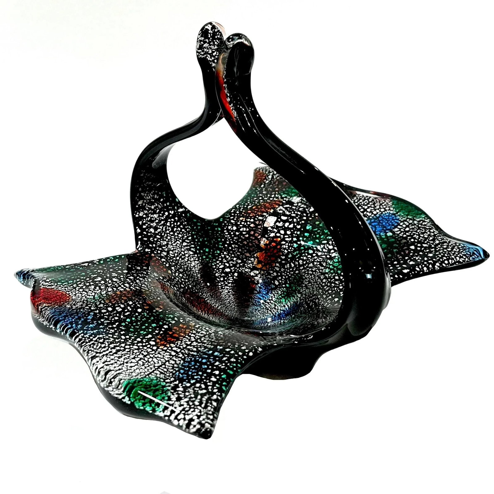 Mid-Century Modern Murano Attributed Black "Tutti Frutti" Glass Basket With Handle - 7