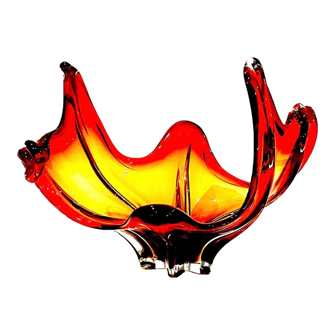 1960's Murano Attributed Wave Centerpiece Bowl: Since the 13th century Italian artisans have practiced unique glassblowing techniques on the island of Murano near Venice. This mid 20th century centerpiece bowl is a dramatic example of the "wave"