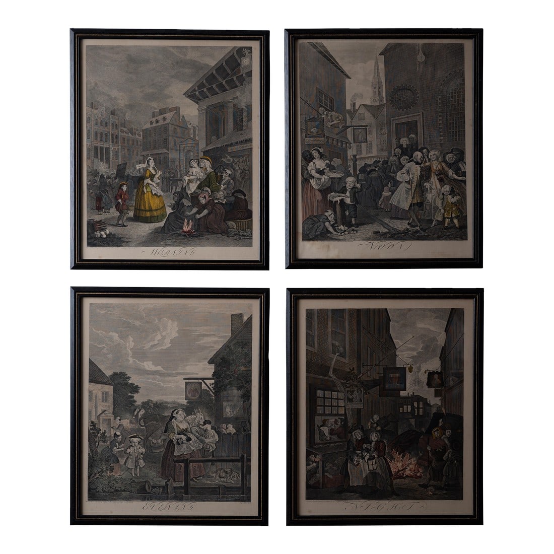 William Hogarth, the Four Times of the Day - Set of 4: William Hogarth (British, 1697-1764) William Hogarth's The Four Times of the Day engravings, 19th century after the originals of 1738. sight: 16 by 19 Â¾ inches frame: 18 by 21 Â½