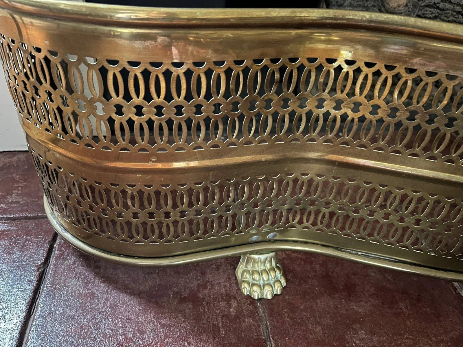 Mid"‘Century Brass Pierced Fireplace Fender + Andirons & Tool Set- 6 Pieces - 12