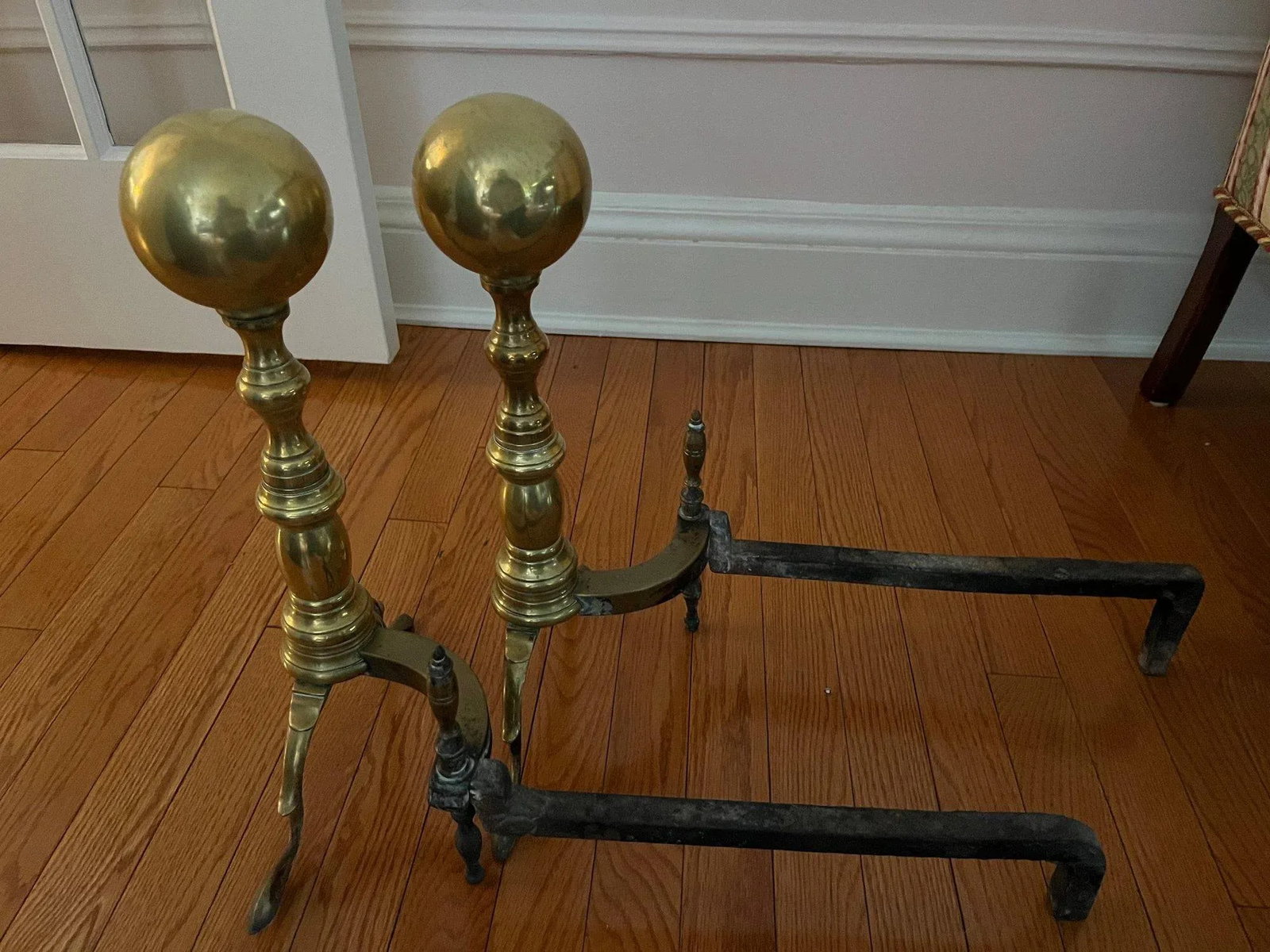 Mid"‘Century Brass Pierced Fireplace Fender + Andirons & Tool Set- 6 Pieces - 5