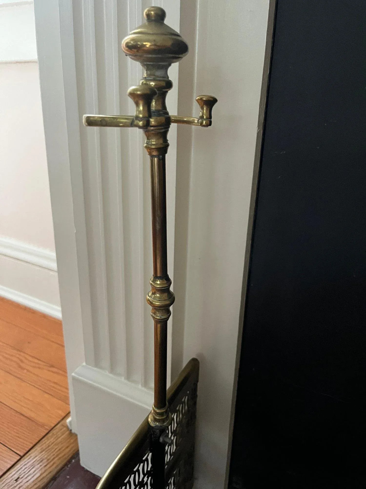Mid"‘Century Brass Pierced Fireplace Fender + Andirons & Tool Set- 6 Pieces - 7