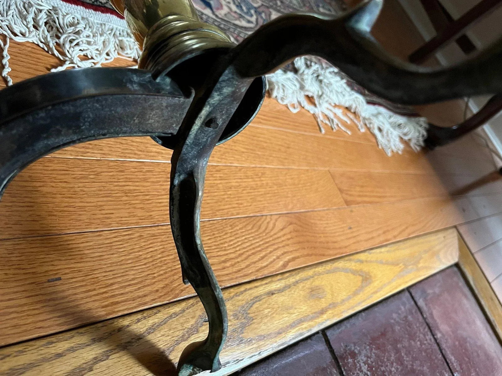 Mid"‘Century Brass Pierced Fireplace Fender + Andirons & Tool Set- 6 Pieces - 9