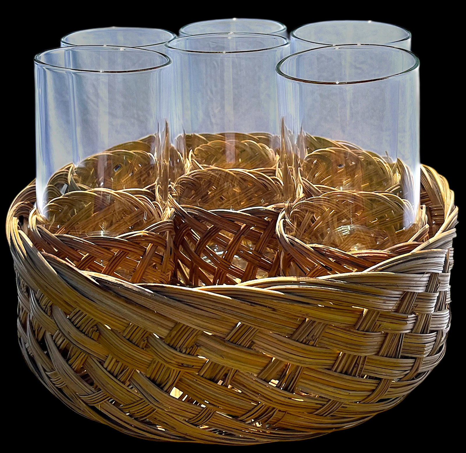Vintage Rattan-Wrapped Drinking Glass Cocktail Ice Tea Set With Matching Woven Tray- 7 Pieces - 2