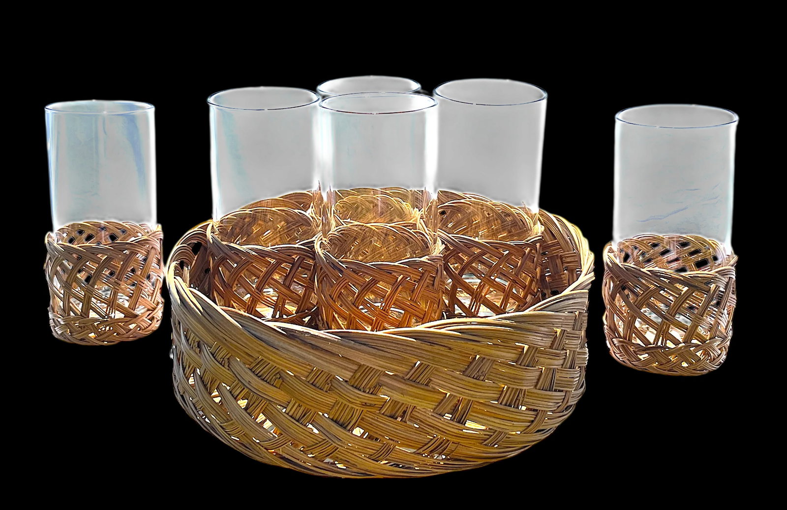Vintage Rattan-Wrapped Drinking Glass Cocktail Ice Tea Set With Matching Woven Tray- 7 Pieces - 3