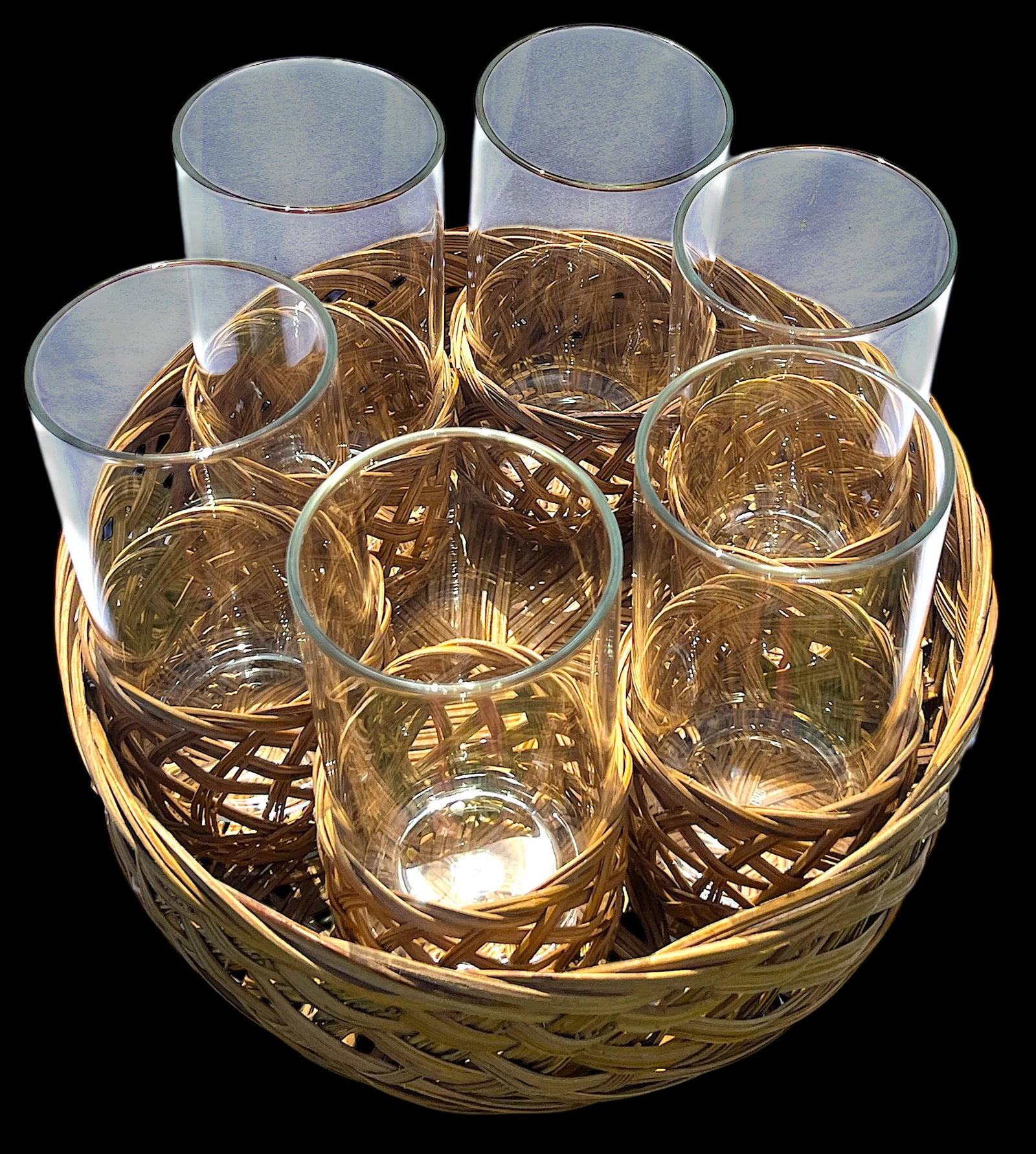 Vintage Rattan-Wrapped Drinking Glass Cocktail Ice Tea Set With Matching Woven Tray- 7 Pieces - 4