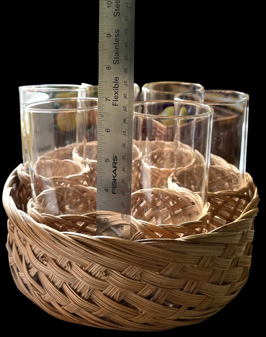 Vintage Rattan-Wrapped Drinking Glass Cocktail Ice Tea Set With Matching Woven Tray- 7 Pieces - 6