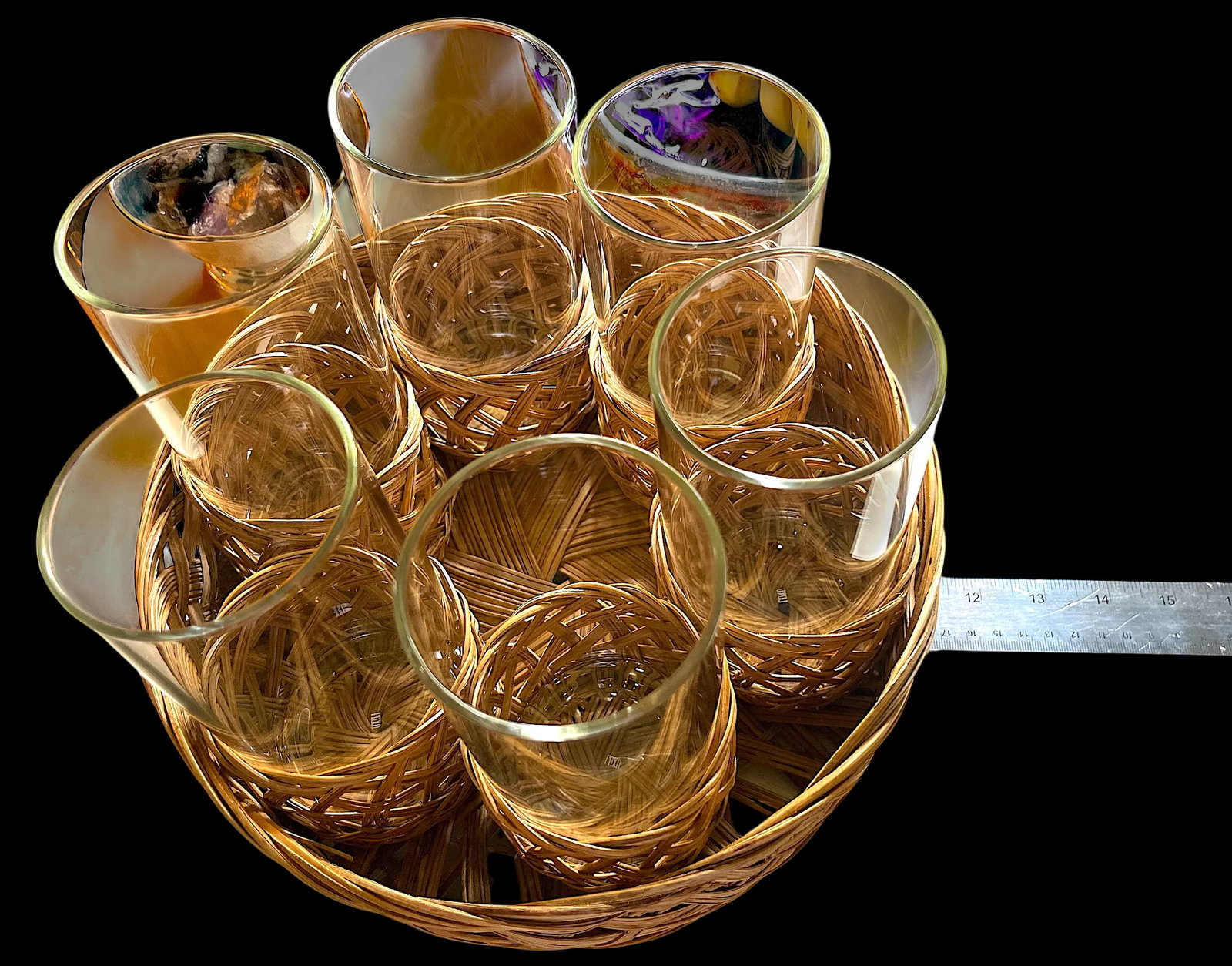 Vintage Rattan-Wrapped Drinking Glass Cocktail Ice Tea Set With Matching Woven Tray- 7 Pieces - 7
