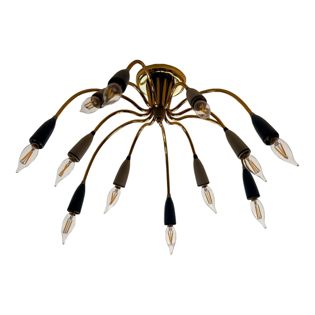 Vintage Midcentury Modern Brass and Gray Flushmount Sputnik Light in the Style of Stilnovo: Unique midcentury brass flush mount light in the style of Stilnovo. This exquisite light features 12 arms with alternating light and dark/slate gray. This piece has been professionally rewired for