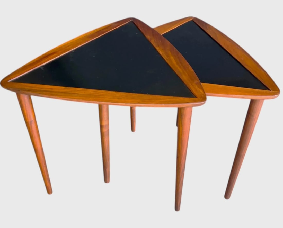1960s Pair of Restored Danish Modern Teak & Black Laminate Triangle Side Tables – Mid-Century - 13