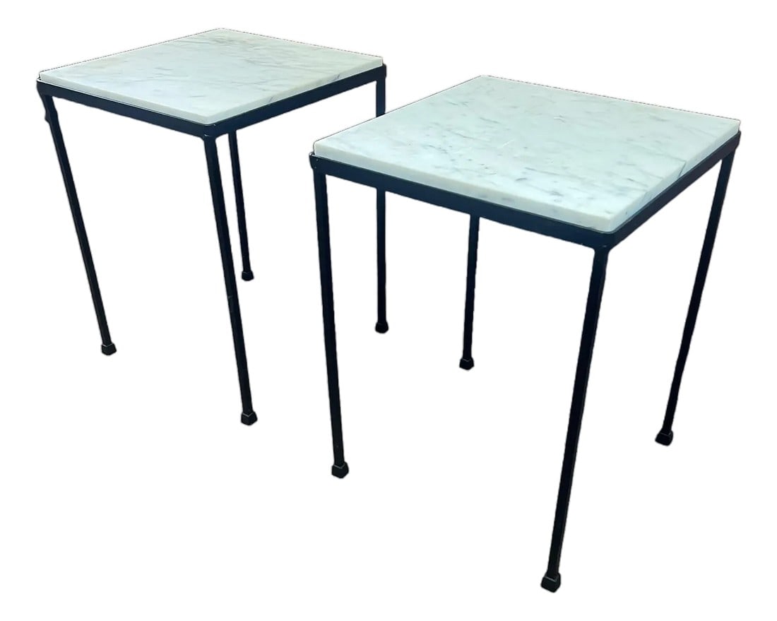 Circa 1950s Small Scale Wrought Iron Marble Top Side Tables - A Pair (1 of 9)