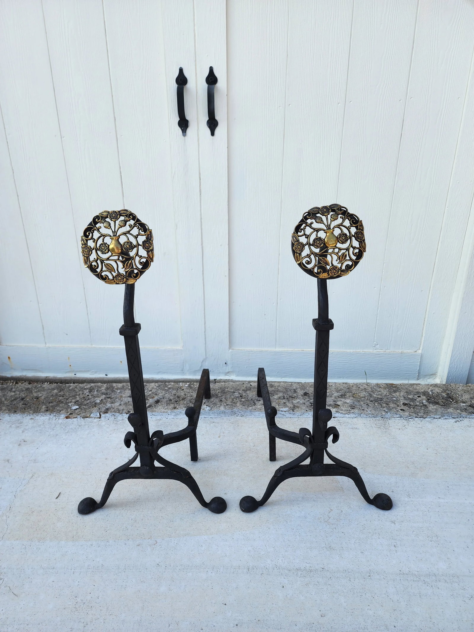 Pierced Brass and Wrought Iron Andirons - 2