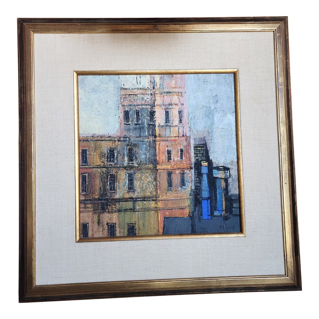 Herbert Mears 1970's Painting: Cubist Abstract Cityscape from the 1970's by Herbert Mears. Mears was born in New York in 1923. He studied under Fernand Leger in Paris. He eventually moved to Houston Texas. The canvas is 12" by 12"