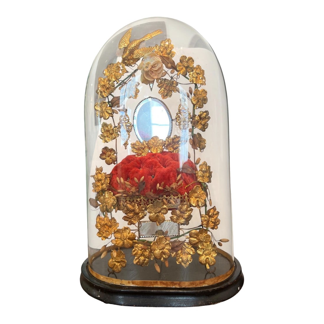 19th-C.French Victorian Bridal Wedding Glass Cloche: This antique French "globe de mariée" dates from the late 19th century and features a striking arrangement of gilt floral ormolu elements and symbolic motifs under its original glass dome. At
