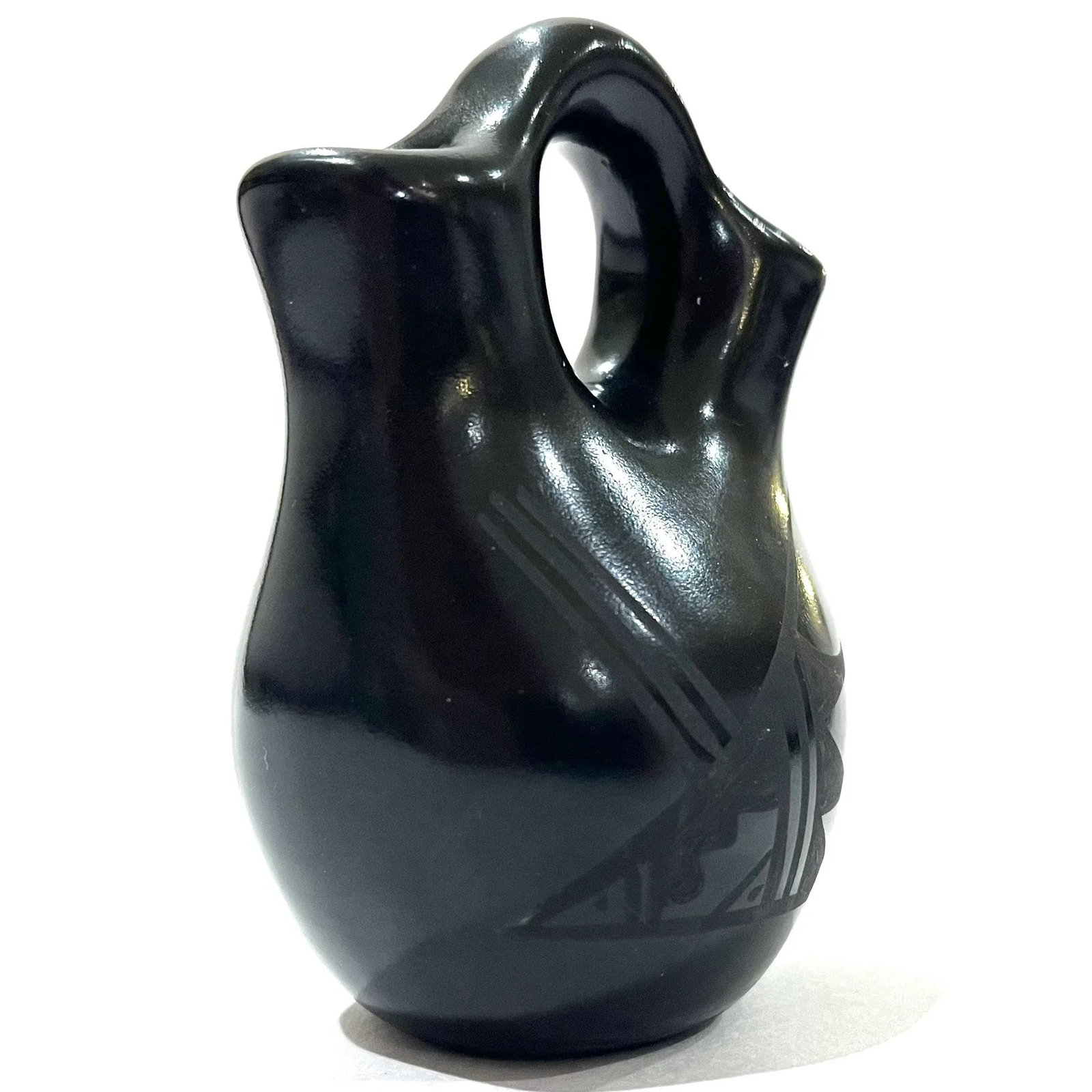1990s Santa Clara Pueblo Blackware Pottery Wedding Vase - Signed Kinlicheni - 4