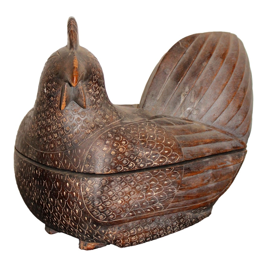 Early 20th Century Northern Thailand Hand-Carved Wooden Rooster Container With Interior Cavity: Earthly hand-carved wooden rooster handmade in Northern Thailand. Separates horizontally into two pieces to reveal an interior cavity. Cavity dimensions H 1.5" x W 3.5" x L 5.5" Condition: