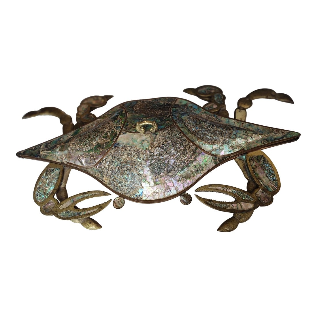 Vintage Mexican Crab Form Brass and Abalone Serving Dish: Fabulous vintage Mexican abalone clad brass and copper covered dish in the style of Los Castillo. Condition: Alterations: Original Condition Unaltered Imperfections: Some Imperfections Condition