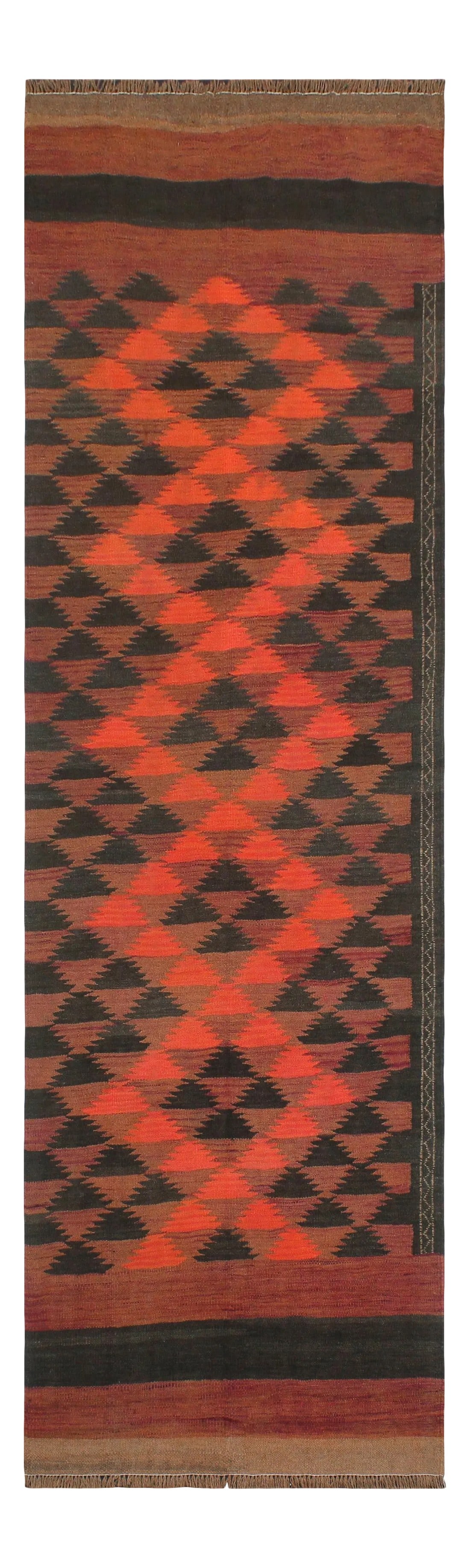 1950s Vintage Kilim Red Orange Hand-Woven Area Rug: Add a touch of elegance to your home with this Vintage tribal Kilim rug. Constructed on a loom by Nomad Turkman people with hand spun wool and 100% Natural Vegetable dyes these beautiful rugs are