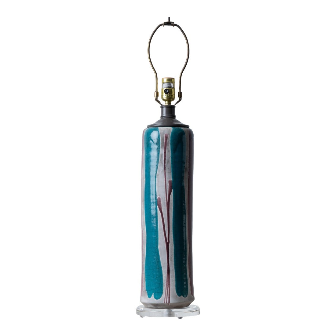 Tony Evans Raku Pottery Lamp, 1980s: A Tony Evans raku pottery vase mounted as lamp on lucite base, 1980s. 6 inches wide by 28 Â½ inches tall; 18 inches to top of pottery Condition: Alterations: Original Condition Unaltered