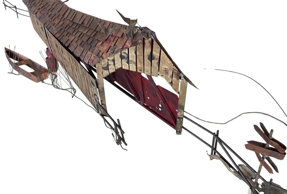 1970s Curtis Jere Signed Wall Sculpture – Covered Bridge With Row Boat & Scenic Detailing - 13
