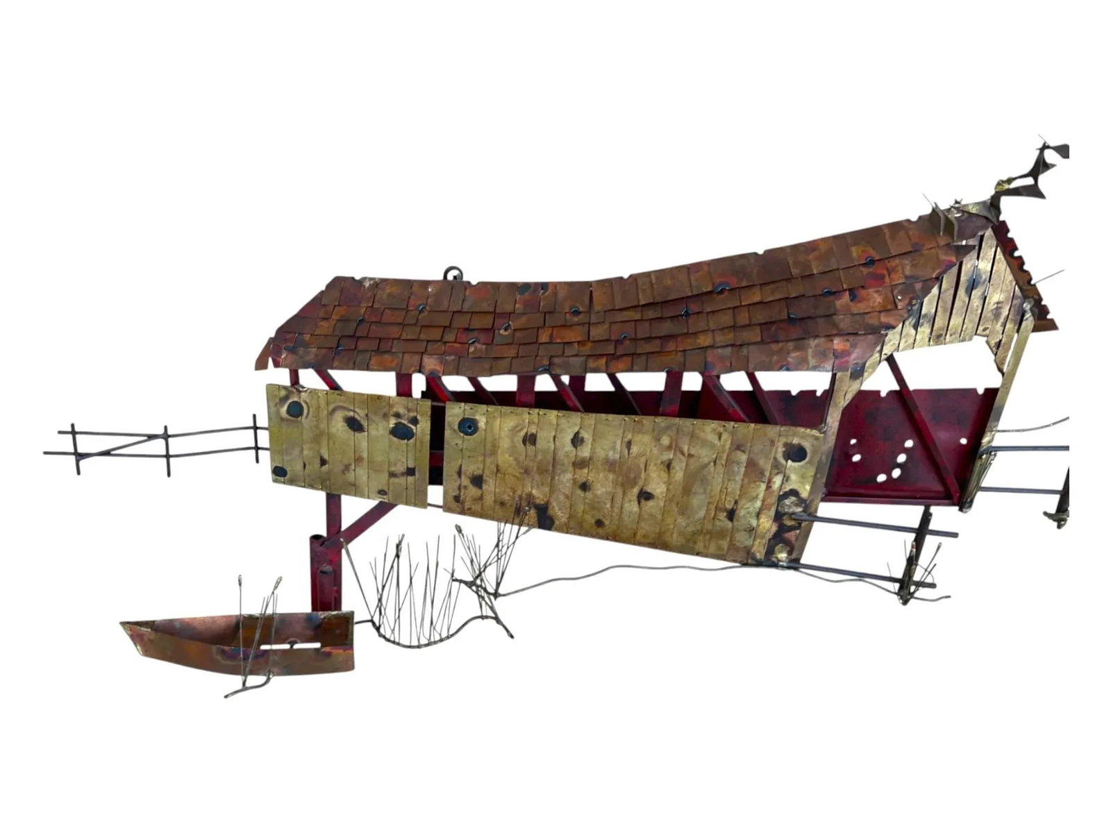 1970s Curtis Jere Signed Wall Sculpture – Covered Bridge With Row Boat & Scenic Detailing - 14