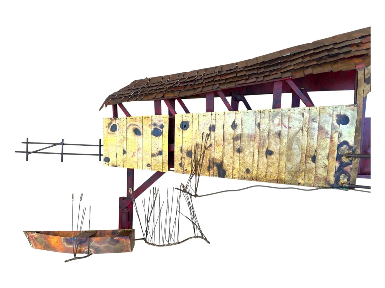 1970s Curtis Jere Signed Wall Sculpture – Covered Bridge With Row Boat & Scenic Detailing - 16