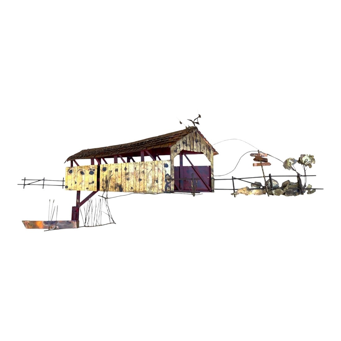 1970s Curtis Jere Signed Wall Sculpture – Covered Bridge With Row Boat & Scenic Detailing: Curtis Jere Signed Mid-Century Wall Sculpture – Covered Bridge with Row Boat & Scenic Detailing . Bring timeless artistry into your home with this signed and dated Curtis Jere mid-century wall s