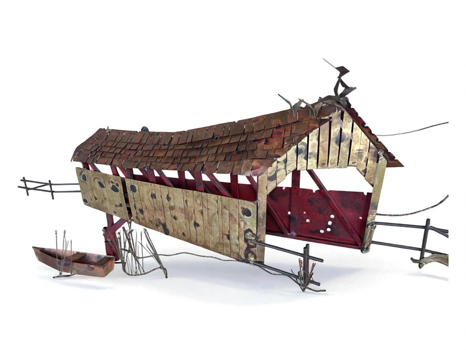 1970s Curtis Jere Signed Wall Sculpture – Covered Bridge With Row Boat & Scenic Detailing - 2